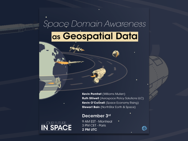 Illustrated poster titled “Space Domain Awareness as Geospatial Data” with satellites orbiting Earth.
