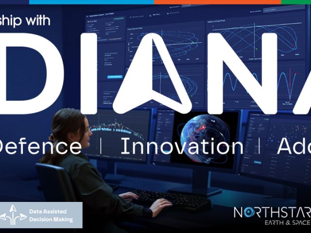 "In partnership with NATO DIANA – Defence Innovation Adoption" illustration of a space domain awareness control room with analysts monitoring orbital data.
