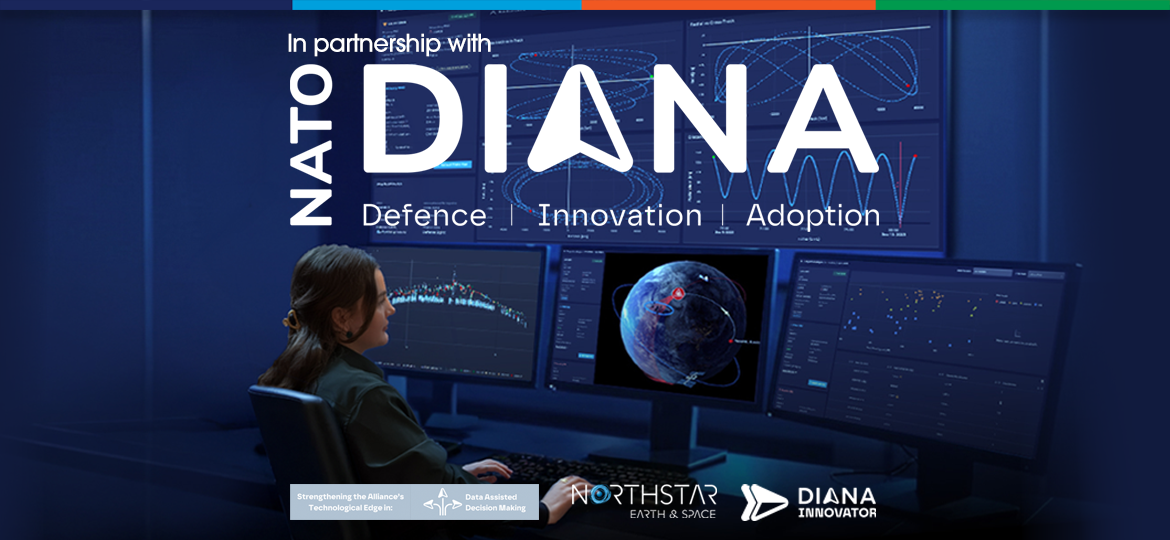 "In partnership with NATO DIANA – Defence Innovation Adoption" illustration of a space domain awareness control room with analysts monitoring orbital data.