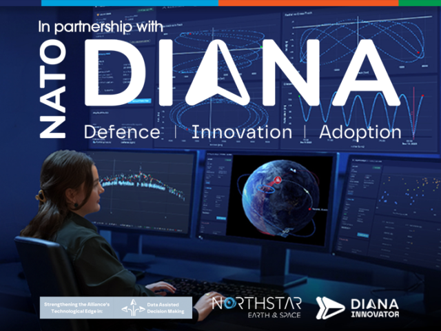 "In partnership with NATO DIANA – Defence Innovation Adoption" illustration of a space domain awareness control room with analysts monitoring orbital data.