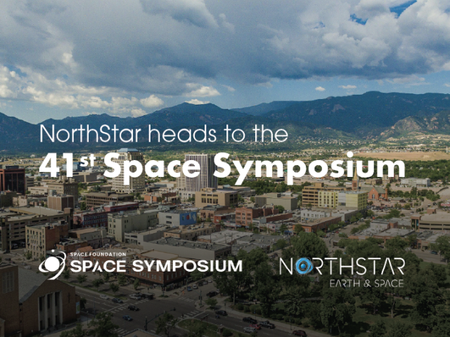 Aerial view of a city with mountains in the background and text announcing NorthStar’s attendance at the 41st Space Symposium
