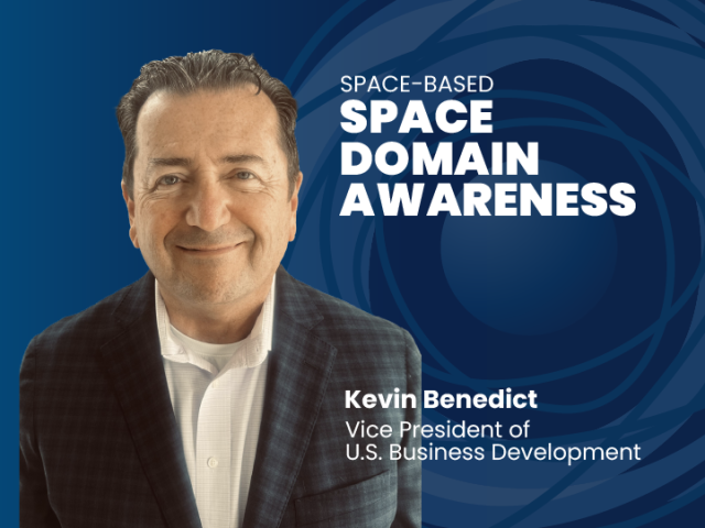 Kevin Benedict portrait in a suit, framed beside bold "Space Based Space Domain Awareness" typography.