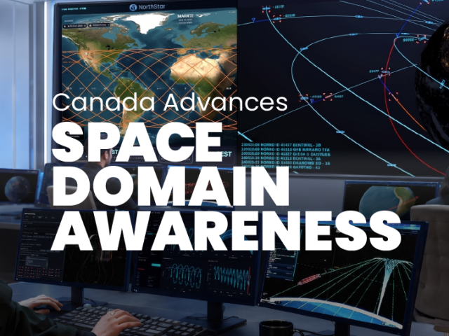 Command center view of operators monitoring satellite telemetry data on Earth map screens under the text headline "Canada Advances SPACE DOMAIN AWARENESS".